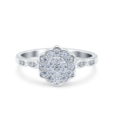 Flower Wedding Band Ring Round Pave Simulated Cubic Zirconia 925 Sterling Silver (10mm)
